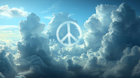 Fluffy clouds create a tranquil atmosphere as a peace symbol glows above, inspiring hope.の素材