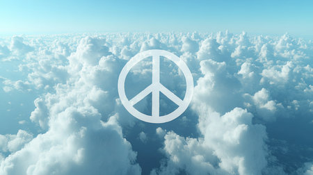 A peaceful symbol floats over soft white clouds, reflecting tranquility in the vast sky.の素材