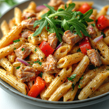 Savor the rich flavors of pasta tossed with tuna, peppers, and herbs plated beautifullyの素材