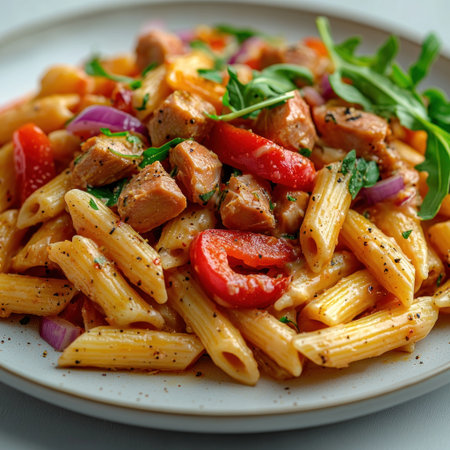 A vibrant plate of penne pasta with tender chicken, fresh vegetables, and a rich sauce.の素材