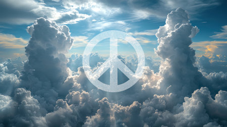 A striking peace symbol appears amidst fluffy clouds under a beautiful morning sky.の素材