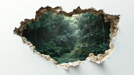 A tear in the wall reveals a lush green jungle pathway surrounded by tall trees.の素材