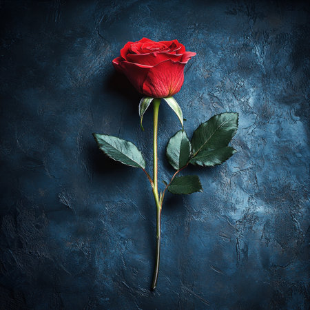 A vibrant red rose rests gracefully on a dark surface, representing love and elegance.の素材
