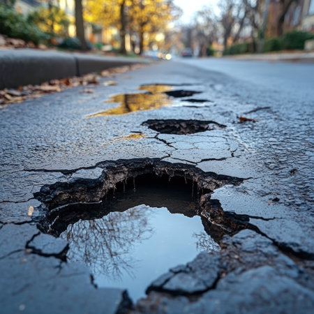 Cracks in the asphalt form pools of water mirroring golden leaves on a tranquil street.の素材