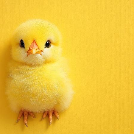 A fluffy yellow chick stands cutely against a bright yellow backdrop, radiating joy.の素材