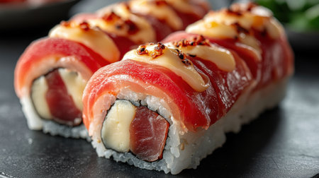 Sushi rolls on a dark plate, featuring fresh fish and tasty sauces.の素材