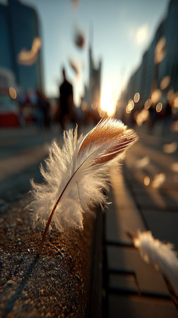 Feathers drift gently along a city sidewalk, illuminated by a stunning sunset glow.の素材