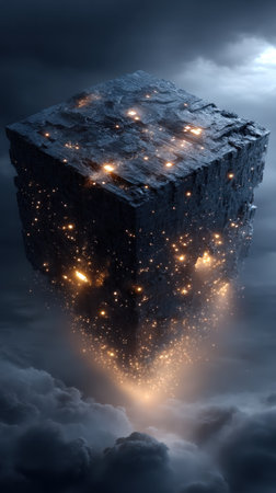 A dark, floating cube shines with bright lights amidst clouds, creating a surreal scene.の素材