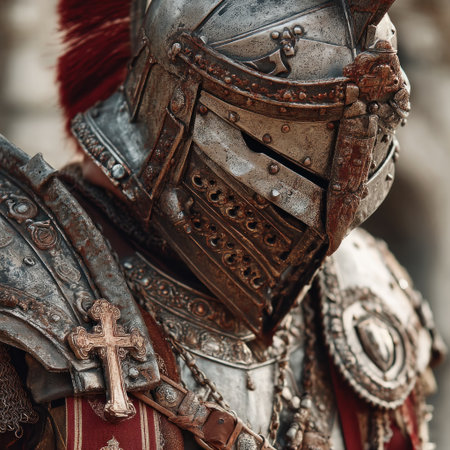 A knight in detailed armor displays valor at a historical reenactment.の素材