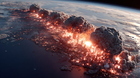 Lava erupts fiercely from the ground, lighting up the ocean's surface with orange flames.の素材