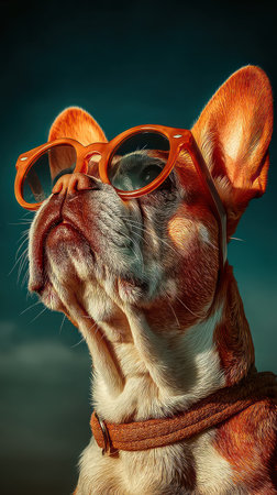A cool dog with sunglasses stands proudly, soaking up the sun on a bright day.の素材