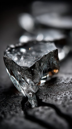 Crystal clear glass shards glisten under soft light, revealing unique patterns.の素材