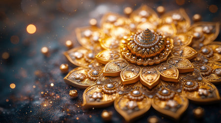 A beautiful golden mandala rests on a softly lit surface, radiating peace and harmony.の素材
