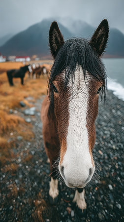 A brown horse gazes curiously at the camera with mountains in the background.の素材