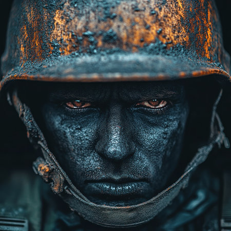 A soldier's intense expression reveals resilience and focus in a challenging moment.の素材