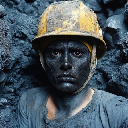 Miner surrounded by coal dust, focused and determined in a dimly lit underground tunnel.の素材