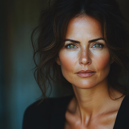 A woman with stunning green eyes showcases her natural beauty and strong character.の素材