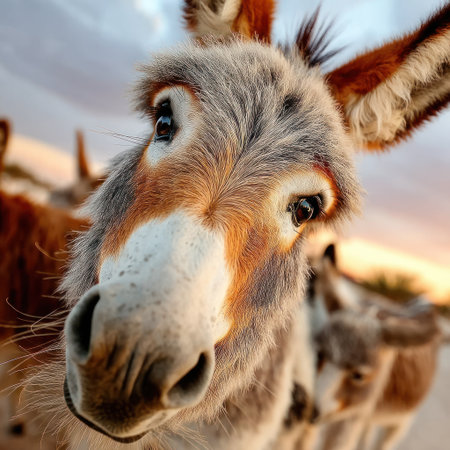 Donkeys gather at sunset, displaying their playful and curious nature.の素材