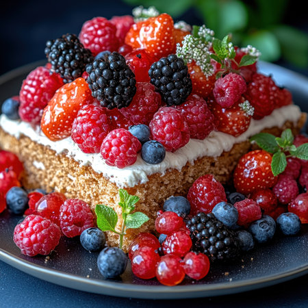 A mouthwatering berry cake is adorned with vibrant fruits and fresh mint leaves.の素材