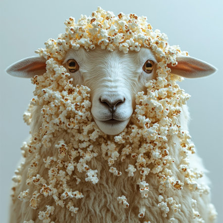 A curious sheep covered in popcorn stands playfully against a light background.の素材