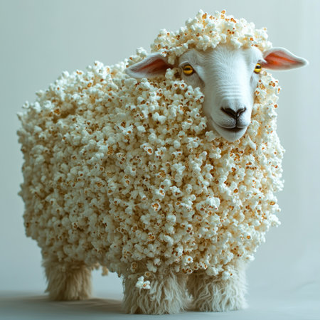 A whimsical sheep in popcorn highlights unique creativity on an unusual farm.の素材