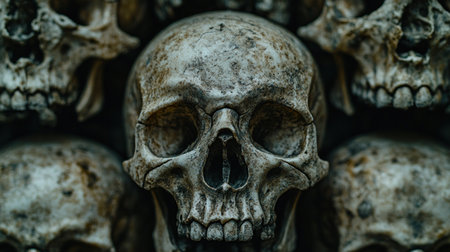 A striking arrangement of weathered skulls evokes a sense of history and intrigue.の素材