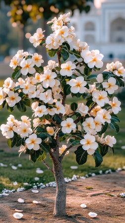 A small tree covered in delicate white flowers stands peacefully in a lush garden at dusk.の素材