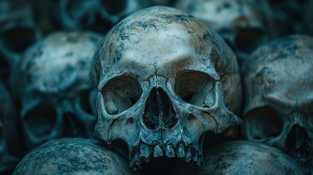Skulls arranged in a dimly lit area reveal a somber and artistic ambiance.の素材