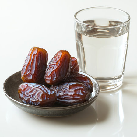 Medjool dates sit beside a glass of cool water, inviting refreshment.の素材