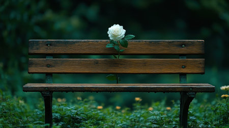 A solitary bench stands in a tranquil park with a white rose gently placed on it.の素材