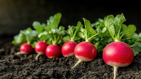 Red radishes stand in neat rows, showcasing vibrant colors against rich dark soil.の素材