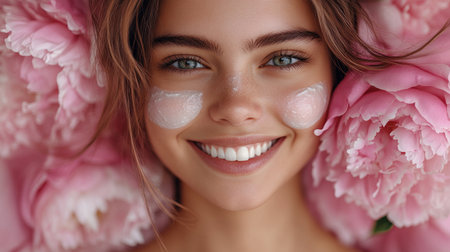 Young woman beams with joy, her skin glowing as she poses among pink peonies.の素材