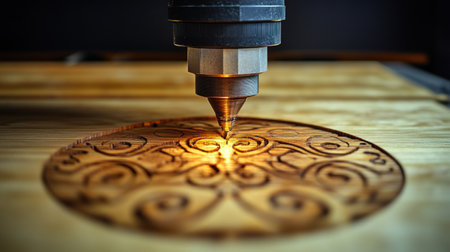 A laser engraver creates detailed wood designs, lighting up the workspace warmly.の素材