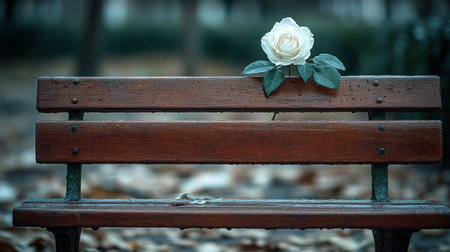 A delicate white rose lies gently on a rustic wooden bench in a serene park setting.の素材