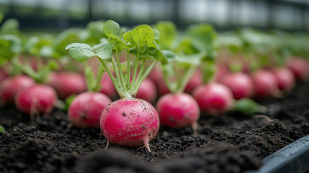 Fresh radishes emerge from dark soil, thriving under bright greenhouse conditions.の素材