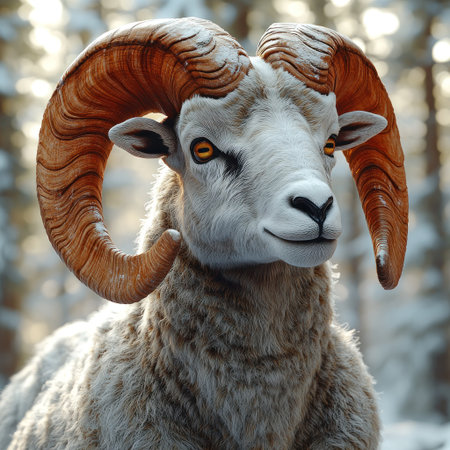 A majestic ram with curled horns gazes confidently in a snowy forest.の素材