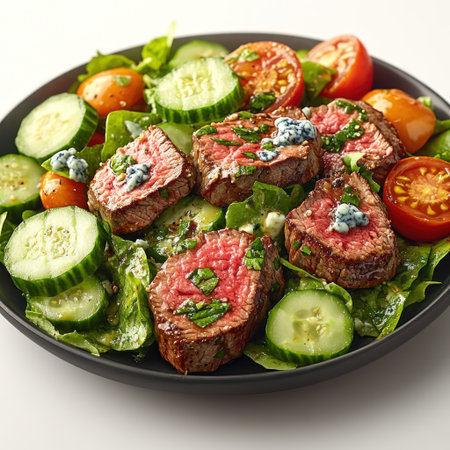 Steak salad with tender meat, crisp cucumbers, and ripe tomatoes on fresh greens.の素材