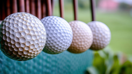 Four golf balls hang in a row, displaying their distinct designs under bright sunlight.の素材