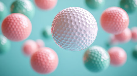 Cheerful golf balls in pastel pink and mint green hover against a soft blue background.の素材
