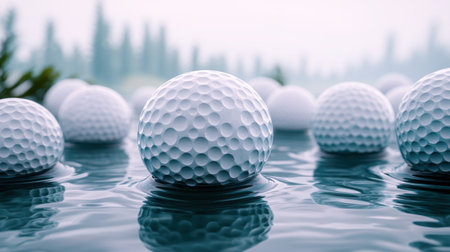 White golf balls peacefully drift on water, surrounded by a calm atmosphere at dawn.の素材