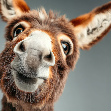 A cheerful donkey smiles playfully, showing its unique personality and soft fur.の素材