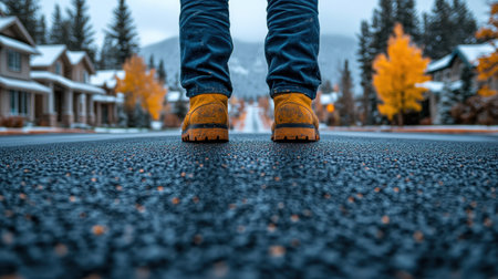 Person stands on a peaceful street surrounded by homes and vibrant autumn trees.の素材