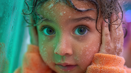 Child smiles, playfully hiding ears from bubbles in a bright, vibrant room.の素材