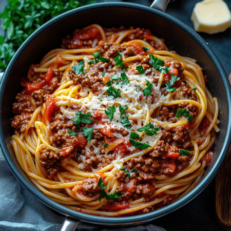 A pot of spaghetti topped with savory meat sauce and fresh herbs sits on a kitchen stove.の素材