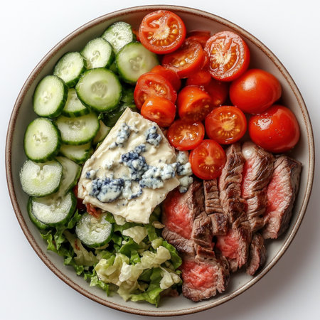 Grilled steak served with crisp vegetables and creamy blue cheese in a colorful dish.の素材