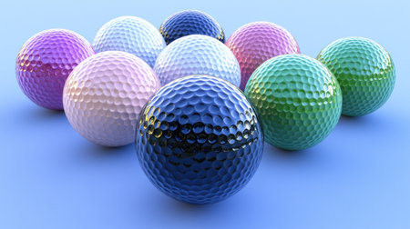 Vibrant purple, green, and pink golf balls sit on a blue surface.の素材