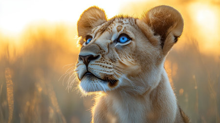 A young lion observes the horizon as golden light baths the savannah landscape.の素材