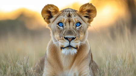 A lioness rests calmly in the golden grass, her blue eyes sparkling in the sunset glow.の素材