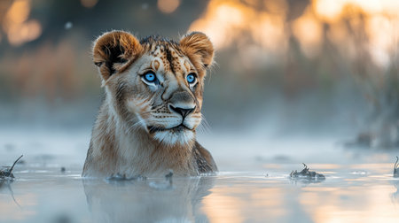 A majestic lioness wades through calm waters, surrounded by a misty environment at dawn.の素材