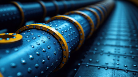 Metal pipes arranged in a row shine under blue lighting in a dark industrial space.の素材